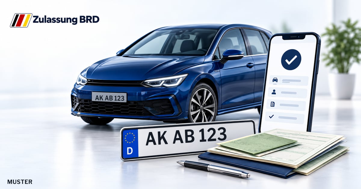 Online Fahrzeugzulassung in Landkreis Altenkirchen: Musterkennzeichen AK AB 123, Auto und Fahrzeugpapiere und Smartphone. Illustration mit Logo von Zulassung BRD.